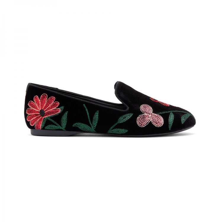 The Starling | Black Floral Velvet Women's Flat - Click Image to Close