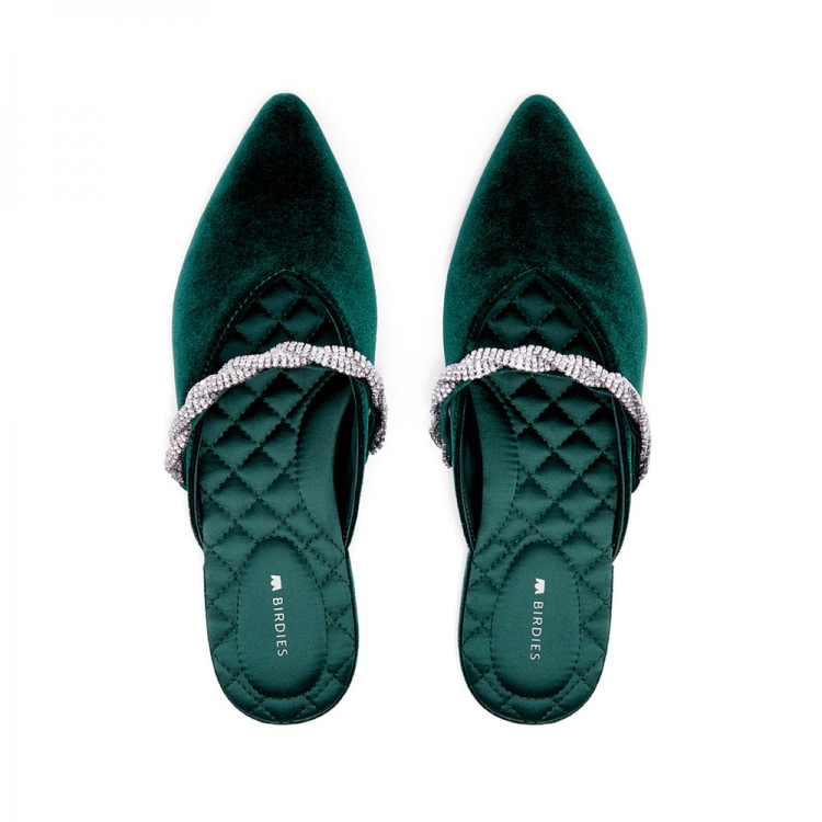 The Swan | Emerald Velvet Crystal Band Women's Slide - Click Image to Close