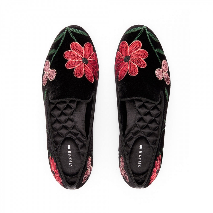 The Starling | Black Floral Velvet Women's Flat - Click Image to Close
