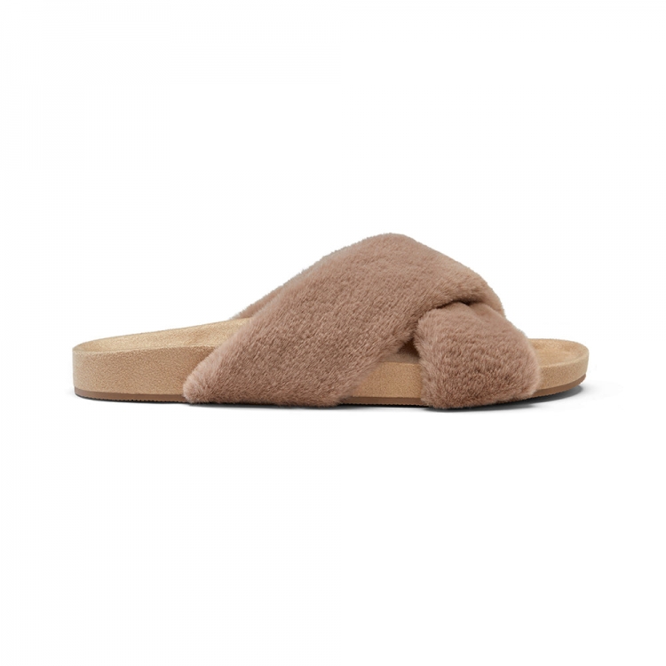 The Robin | Tan Faux Fur Women's Slide - Click Image to Close