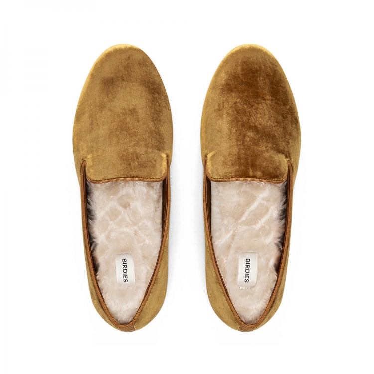 The Starling | Gold Velvet Faux Fur Women's Flat - Click Image to Close