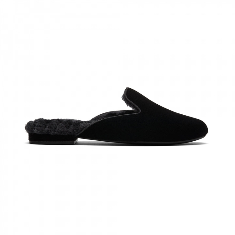 The Phoebe | Black Velvet Fur-Lined Women's Slide - Click Image to Close