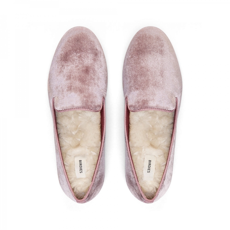 The Starling | Pink Velvet Faux Fur Women's Flat - Click Image to Close