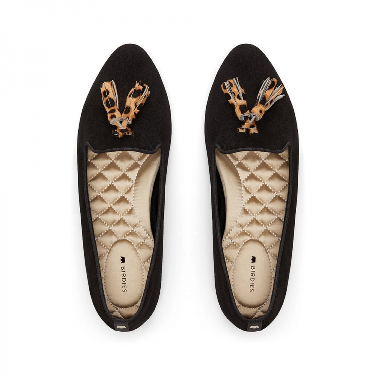 The Blackbird | Black Suede Cheetah Print Tassel Women's Flat - Click Image to Close