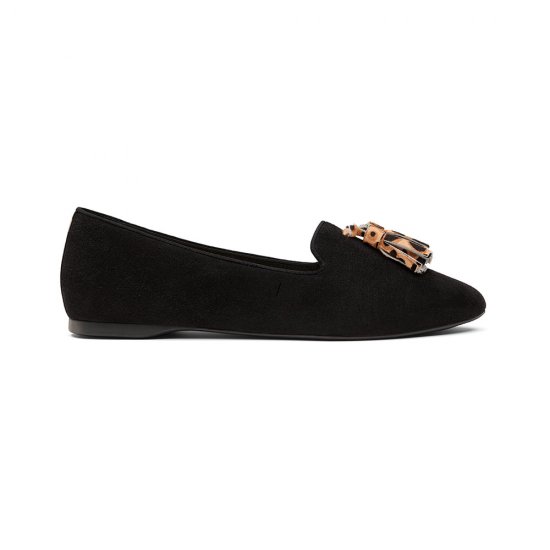 The Blackbird | Black Suede Cheetah Print Tassel Women\'s Flat