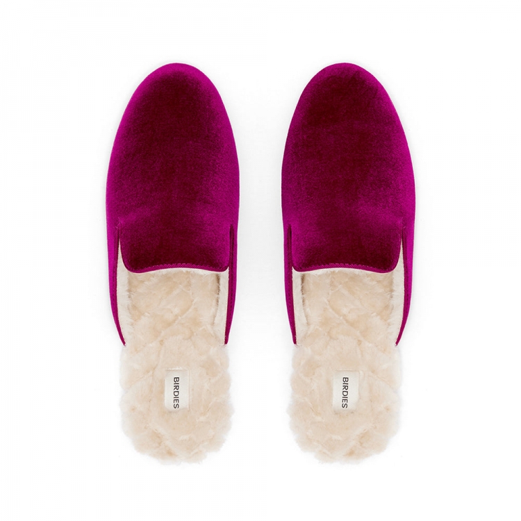 The Phoebe | Pink Velvet Fur-Lined Women's Slide - Click Image to Close