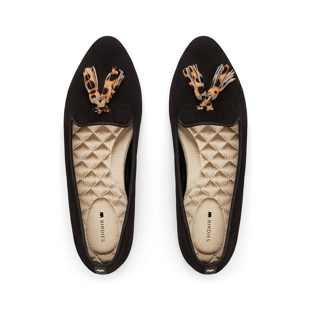 The Blackbird | Black Suede Cheetah Print Tassel Women's Flat
