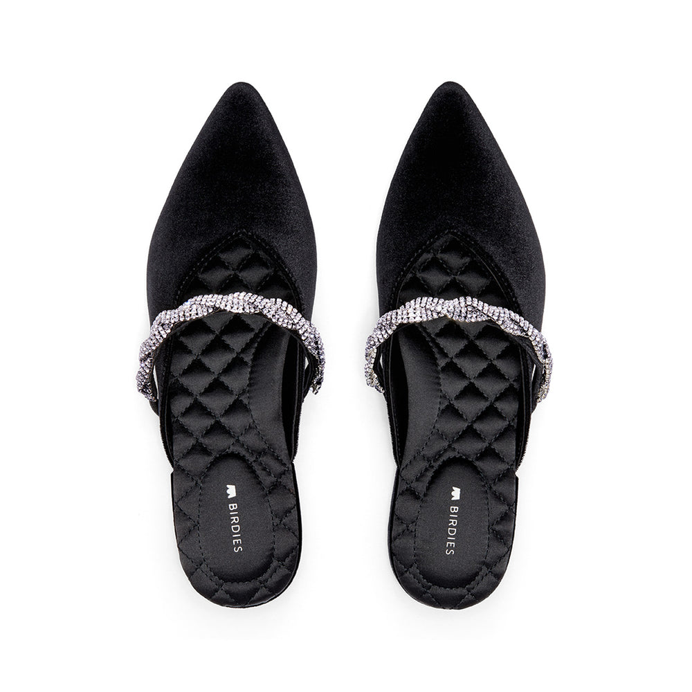 The Swan | Black Velvet Crystal Band Women's Slide